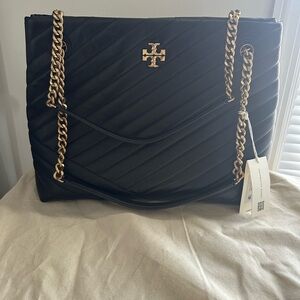 Tory Burch Black Kira Chevron Tote with Gold Chain Straps